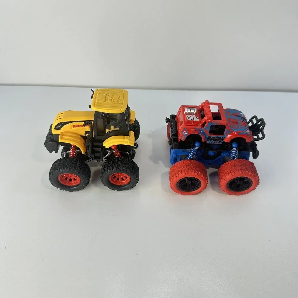 Lot of 4 Friction Propel Cars Push 'n Go Jeep Monster Truck Yellow Tractor Racer